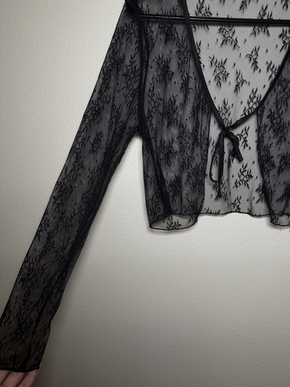 Black Sheer Lace Mesh Cropped Cardigan Sweater Whimsical Gothic Fairy Romantic - Picture 2 of 4
